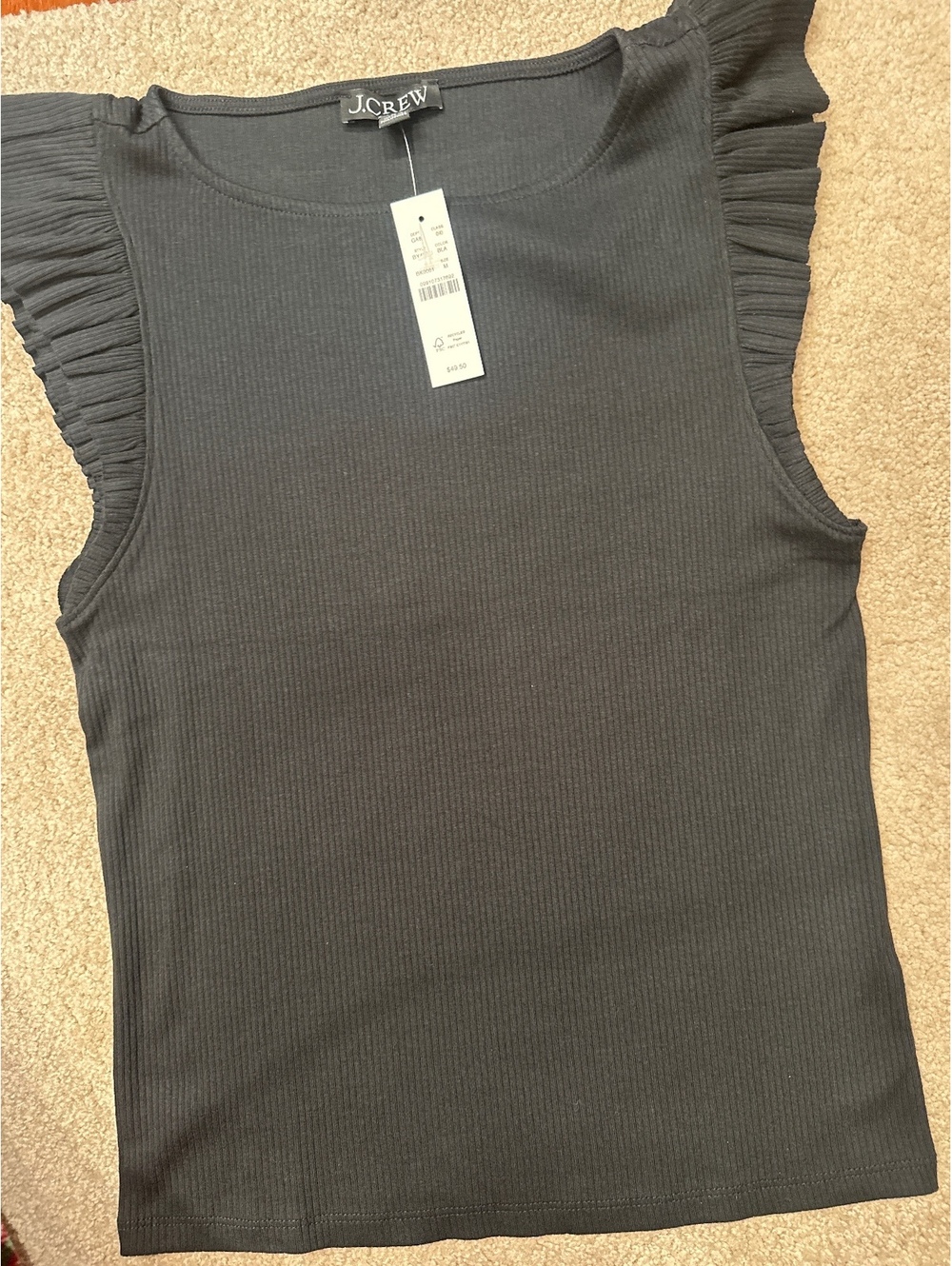 (5)J.Crew Black Ribbed Sleeveless Top with Ruffled Sleeves Size
